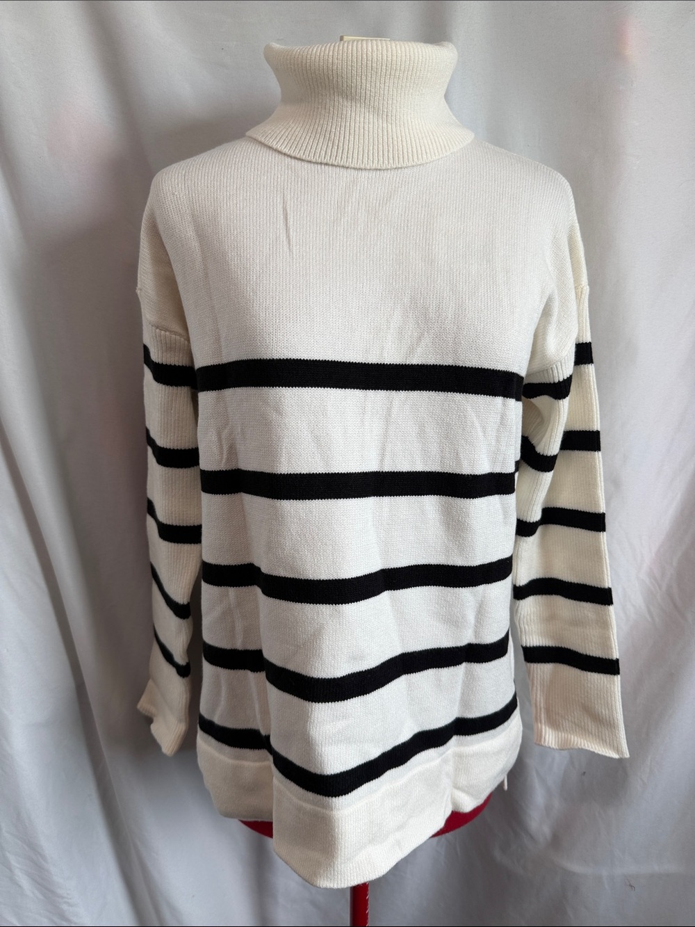 Cream Turtleneck Sweater with Black Stripes